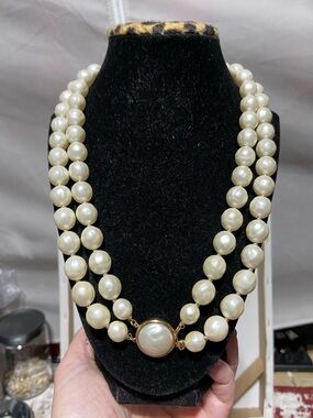 Crown Trifari Classic Two-Strand Cream Faux Pearl Necklace with Gold Tone Accent